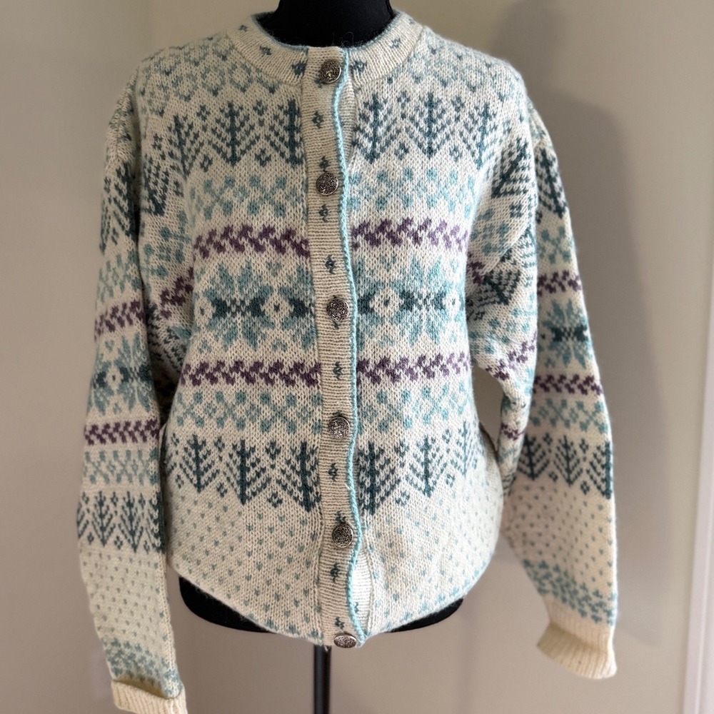 Vintage L.L.Bean Wool Fair Isle Nordic Cardigan Sweater Women's L USA